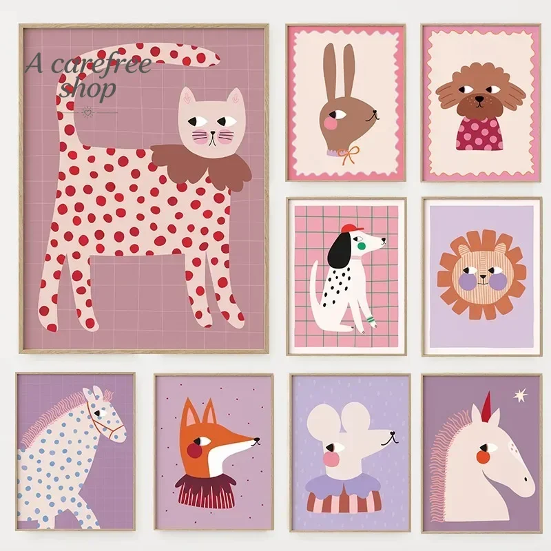 Cartoon Cute Animals Illustration Poster Dog Cat Mouse Lion Unicorn Canvas Painting Wall Art for Kids Room Nursery Home Decor