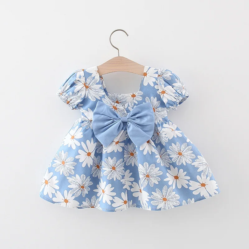 Baby Girl Summer Cotton Love Print Bow Small Square Neck Dress Girl Korean Fashion Bubble Sleeve Party Dress