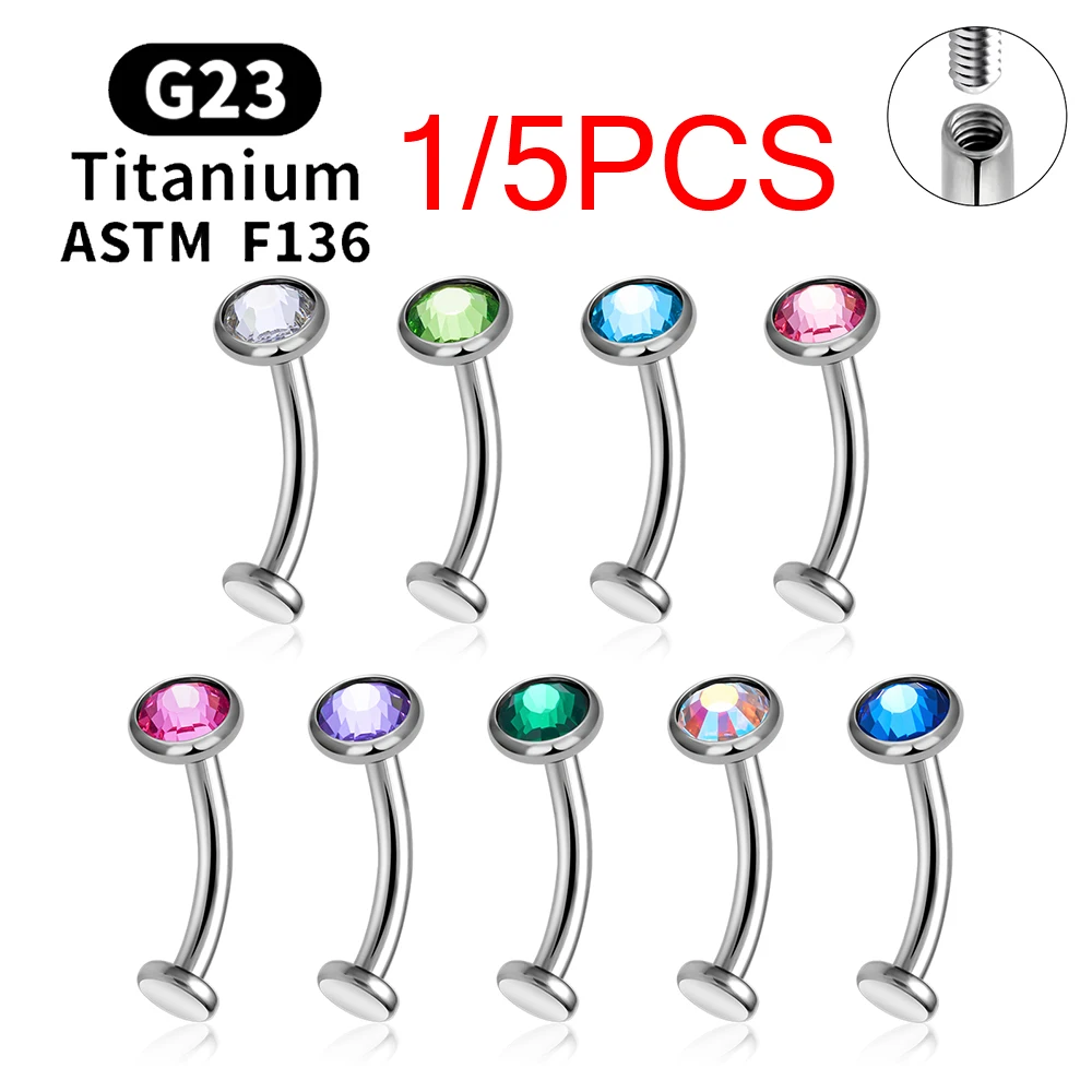 1/5PCS ASTM F136 Titanium Belly Button Ring 14G CZ Internal Thread Flat Back Curved Bar Navel Ring Women Body Piercing Jewelry