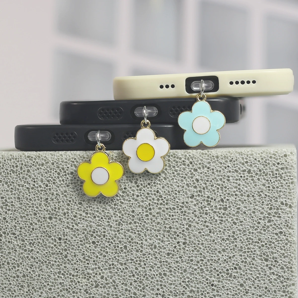 Beautiful flowers Sunflower yellow white blue Mobile phone dust plug Hangings Mobile phone decorations for iPhone type-c port