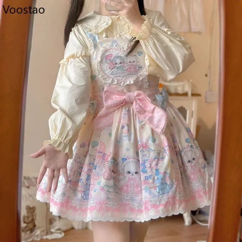 Japanese Kawaii Lolita Shirt Women Sweet Bow Peter Pan Collar Long Sleeve Ruffles JK Top Spring Autumn Girls Cute Blouse Clothes