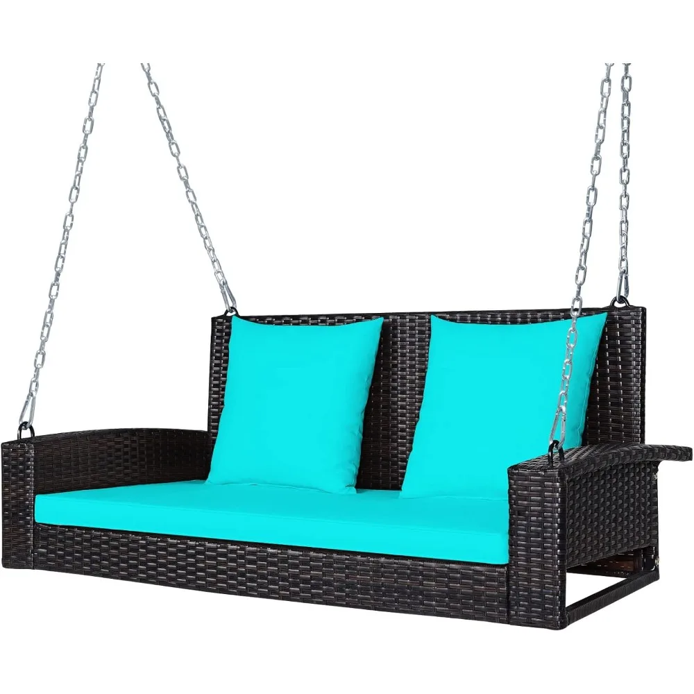 

2-Person Wicker Hanging Porch Swing, Patiojoy Outdoor Rattan Swing Bench W/ 2 Back Cushions & 1 Seat Cushion, Sturdy Steel Chai