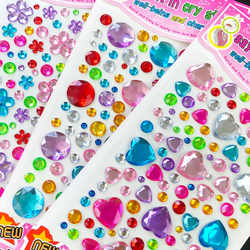 Children Diamond Sticker Acrylic Crystal Sticker 3D Colorful Love Flower Round DIY Gem Decoration Stickers for Girl