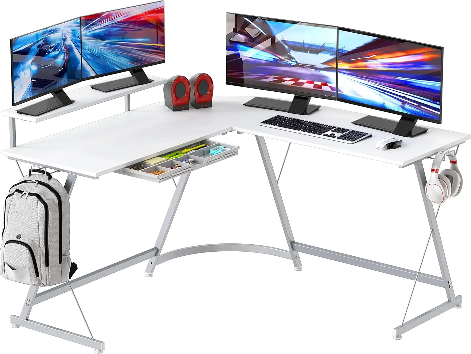 Vista L-Shape Desk with Monitor Stand, White