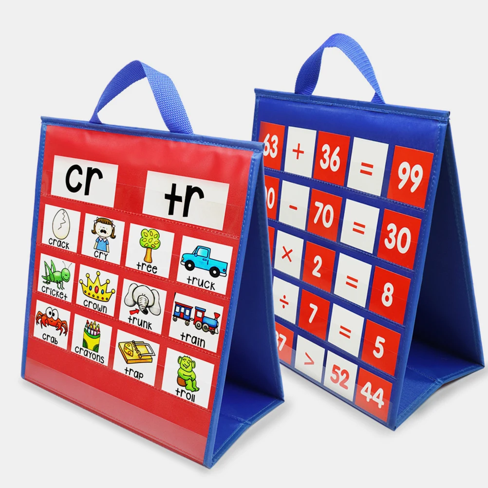教室指導用デスクトップポケットチャート-折りたたみ式オックスフォード布pvcカードオーガナイザー-単語認識、スペル、文章用