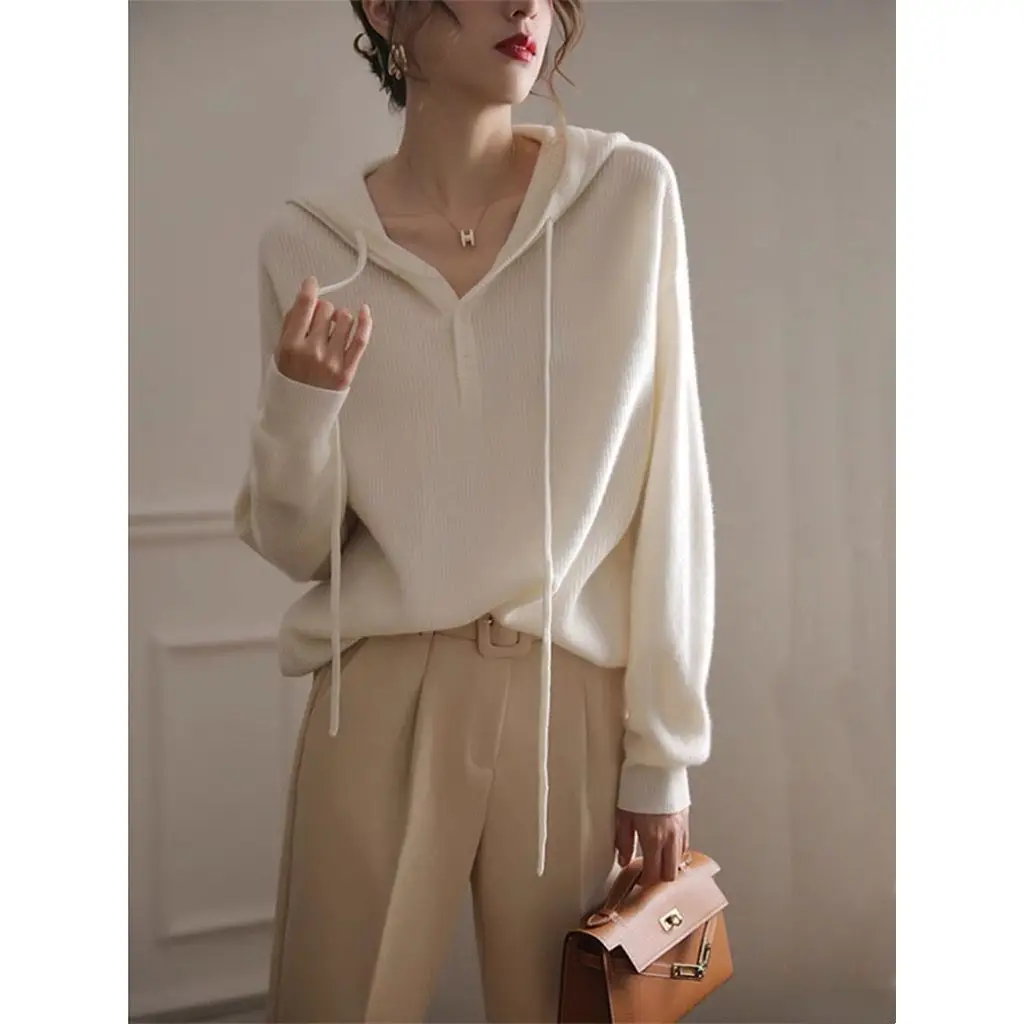 2023 Autumn Korean Edition Slouchy Loose Sweater Outerwear Versatile Top Milk White Hooded Knit
