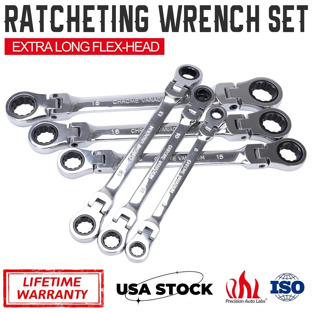 

Набор из 6 сверхдлинных ключей с храповым механизмом с гибкой головкой, метрические, 8-19 мм, с двойным коробкой