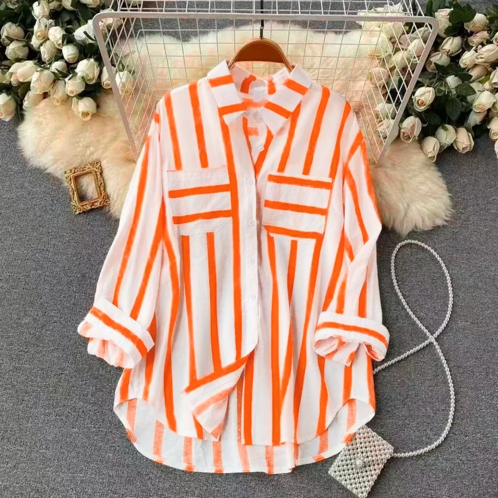 Autumn Women Thin Casual Long Sleeve Shirt Stripe Front Short Back Long Irregular Loose Shirt Korean Office Lady Sweet Chic Top