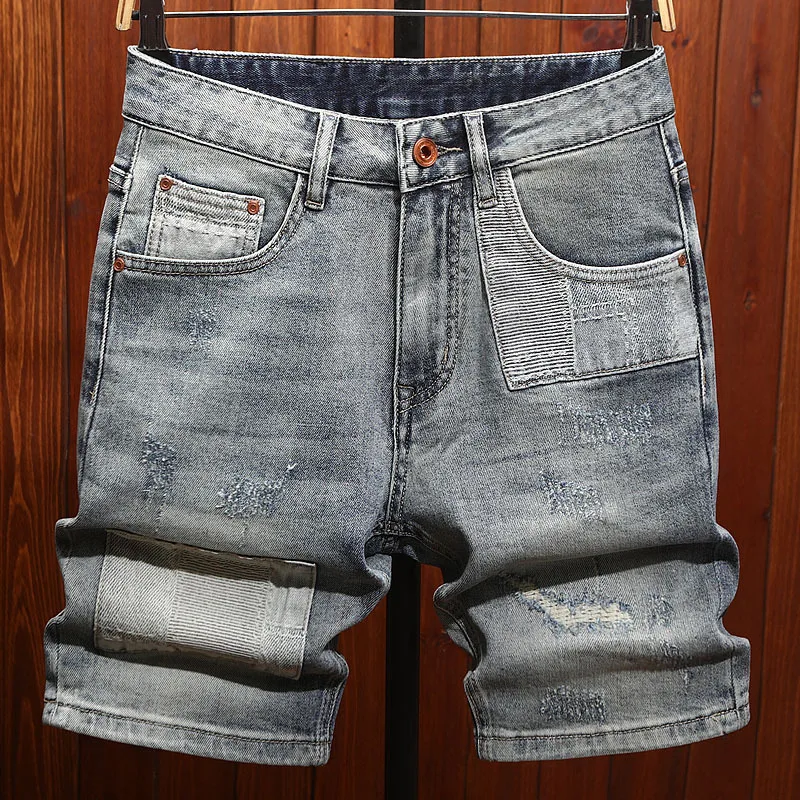 

Trendy brand summer denim shorts men's patchwork design trendy and fashionable denim five quarter pants