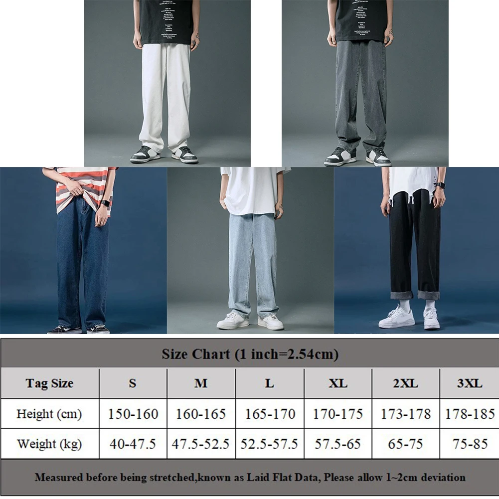 Celana lurus longgar pria, bawahan jins warna polos, pakaian jalanan Hip Hop musim panas