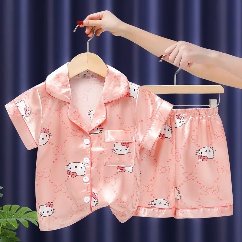 Girls Ice Silk Pajamas Set Children's Sanrio Hello Kitty Cartoon Turn-down Collar Short Sleeve Top + Shorts 2Pcs Kids Nightwear