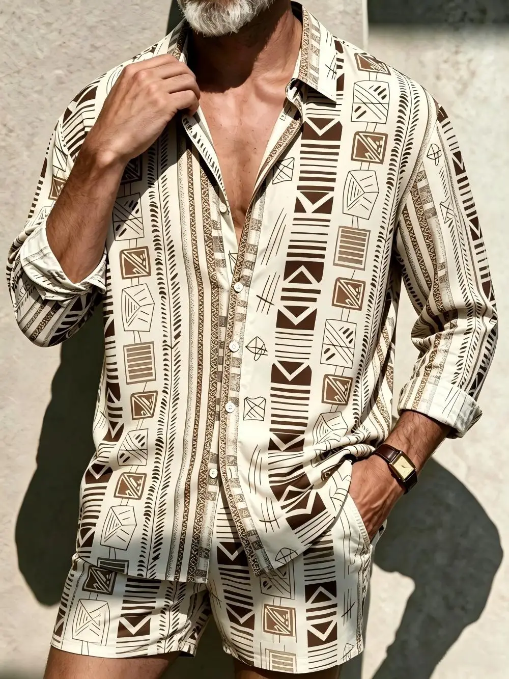 2026 Men's Casual Shirt with Ethnic Geometric Patterns, Bohemian Style for Year-Round Wear