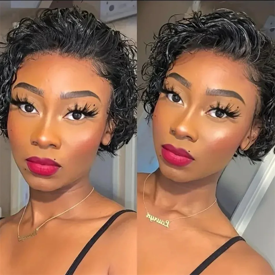 

Short Curly Wigs Pixie Cut Lace Front Wigs 6 inch Human Hair 13X1 T Part Pixie Short Deep Water Wave Human Hair Wigs for Women