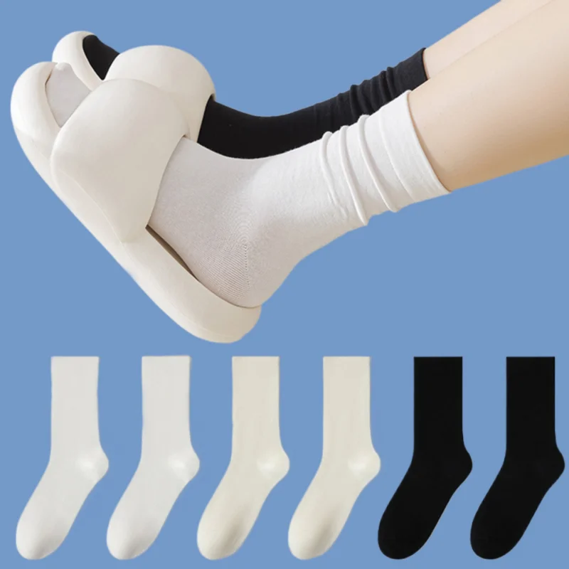 2/5 Pairs New Summer Thin Middle Tube Socks Pile Women's Socks White Black Polyester Cotton Spring And Autumn Confinement Socks