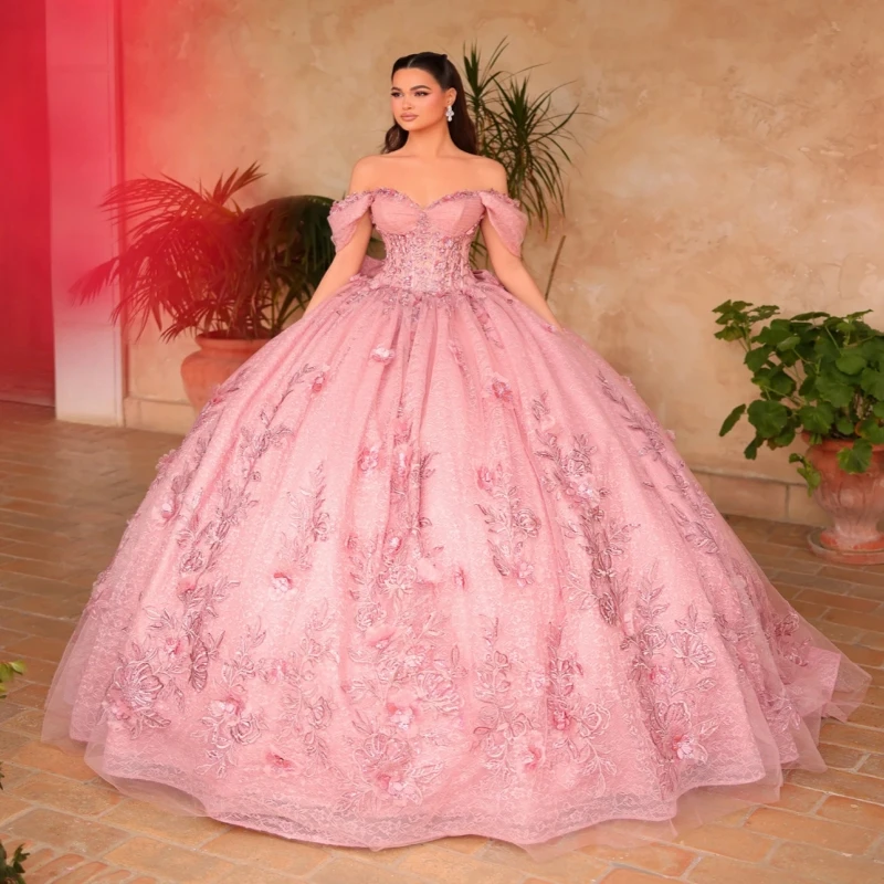 

Pink Shiny Quinceanera Dresses Ball Gown Off The Shoulder Applique Flower Beads Tull Bow Party Birthday Sweet 16 Dress Vestidos