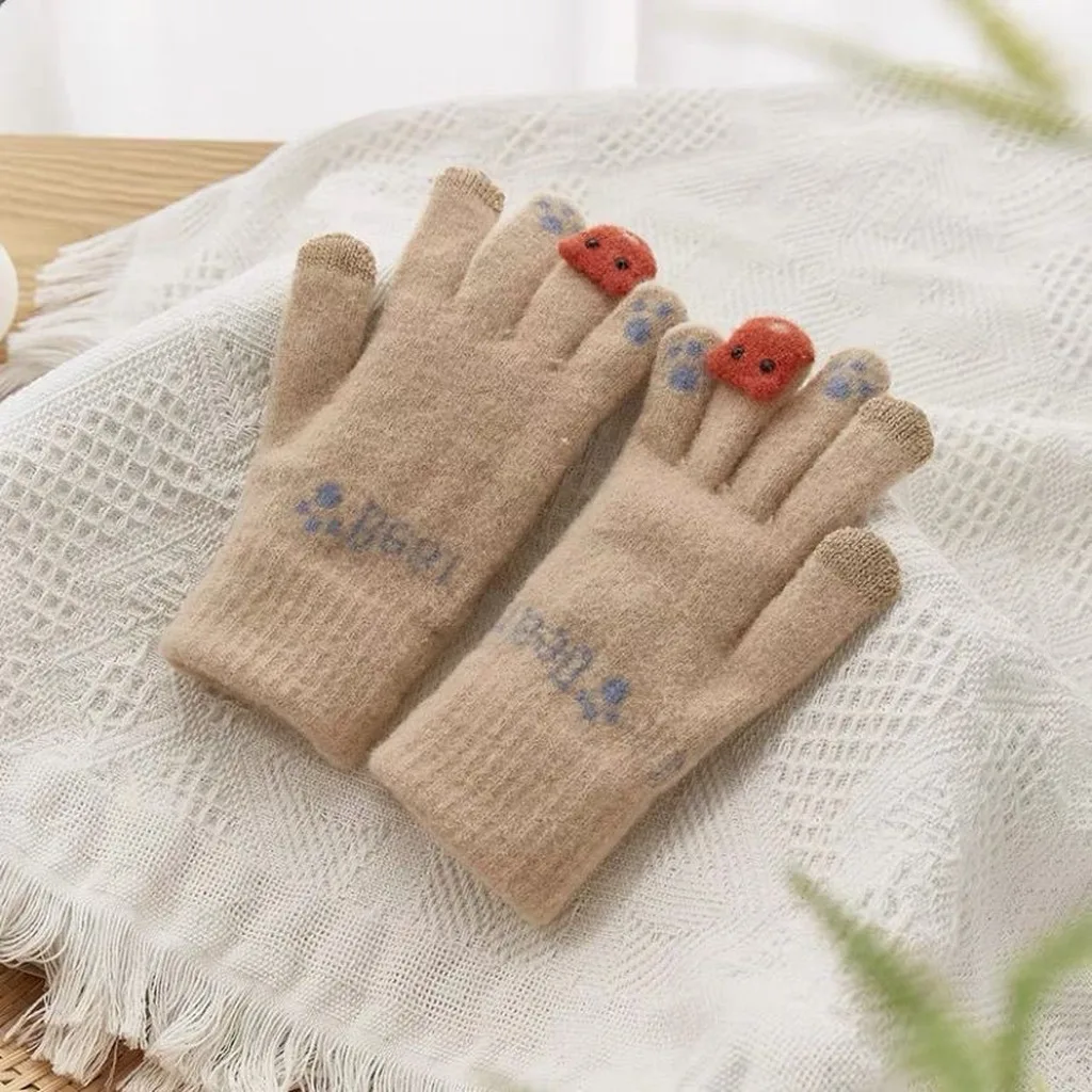 Knitted Fleece Gloves Fleece Winter Gloves Paw Print Gloves Warm For Walking Daily Commuting Short Trips