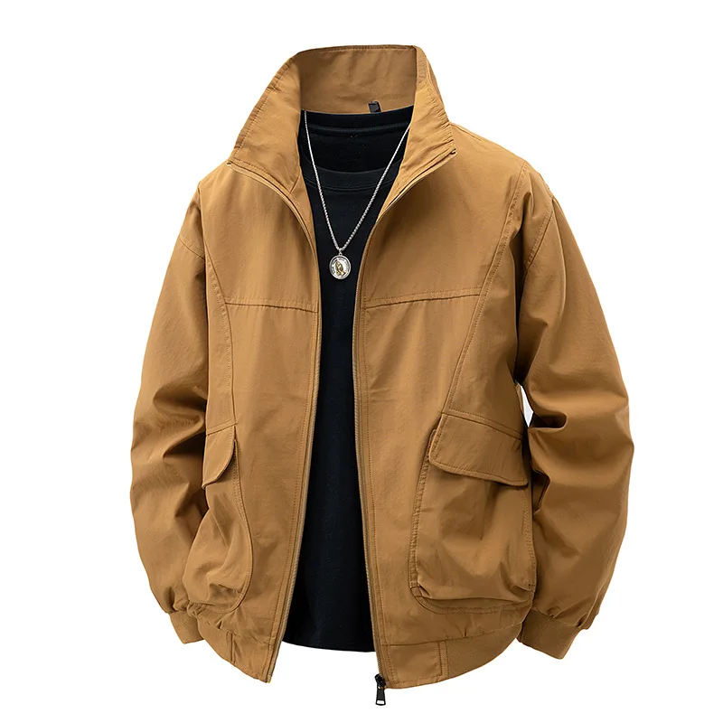 

Winter Man Bomber Jacket Vintage Solid Color Stand Collar Male Baseball Uniform High Street Long Sleeve Zipper Men Outerwear