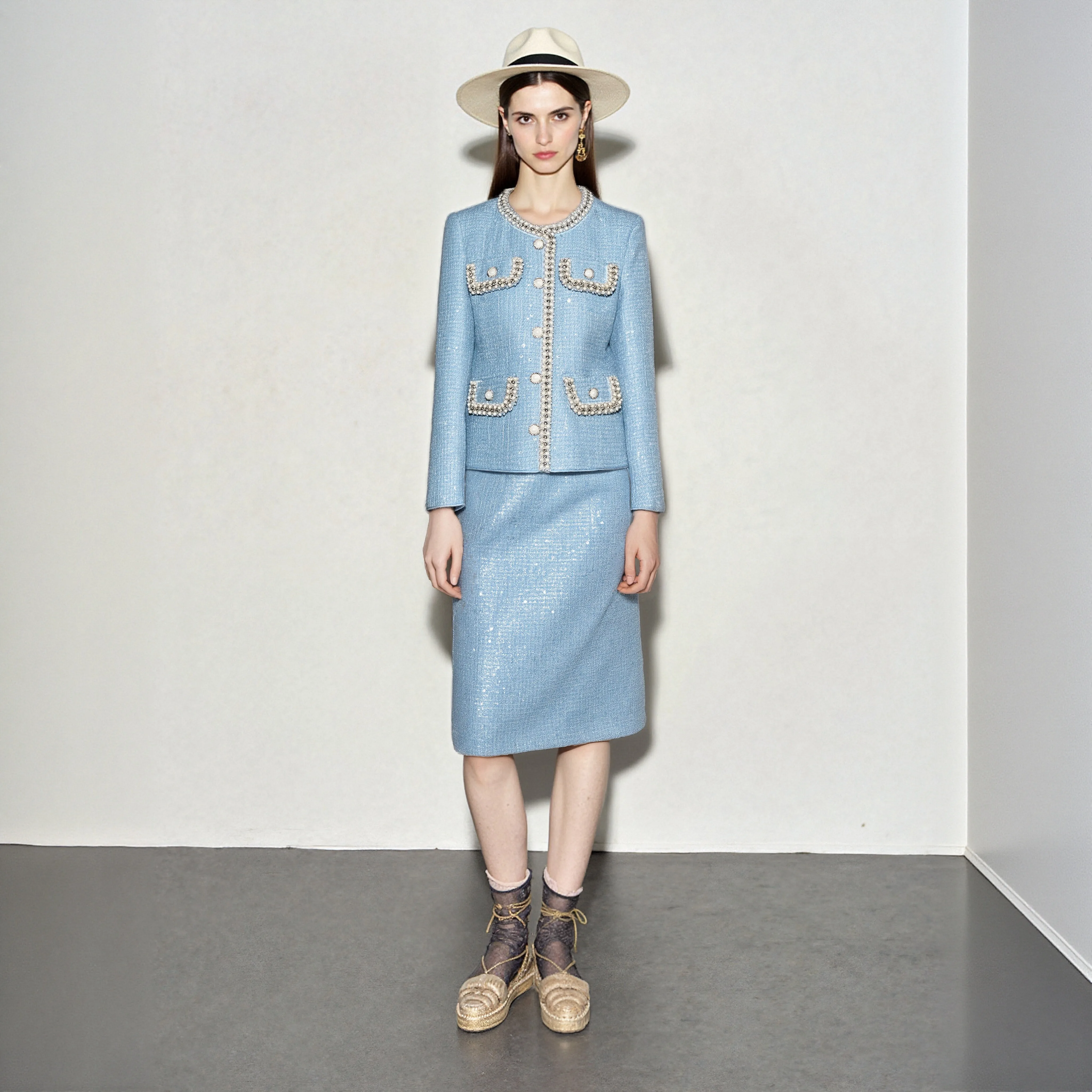 Glacier Blue Celebrity Temperament Nail Bead Sequin Jacket Skirt Set New Weaving Heavy Industry Little Flavor Style