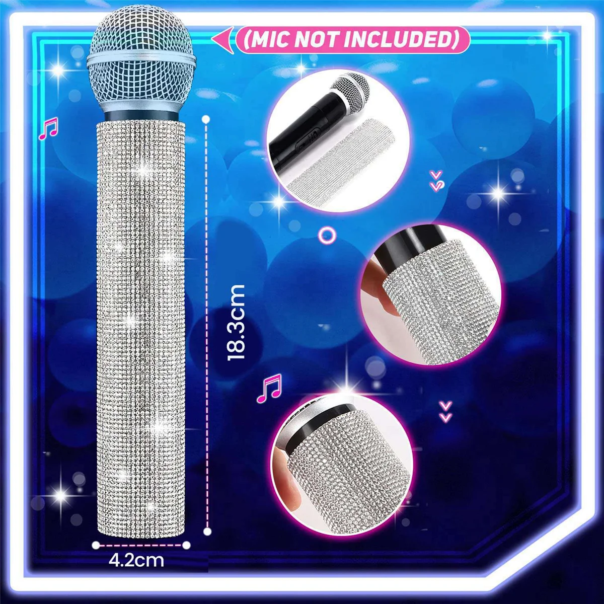 Mic Handle Cover,Sparkly Bling Rhinestones Mic Handle Sleeve for Party&TV Show,for Most Wireless Microphones, Silver