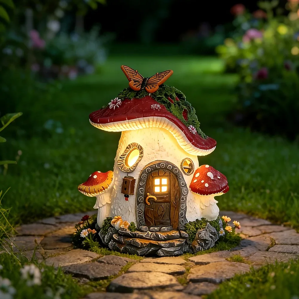 Solar Fairy Mushroom House Garden Statue with LED Lights, Waterproof Resin Fairy Cottage Outdoor Yard Patio Lawn Decor Gift