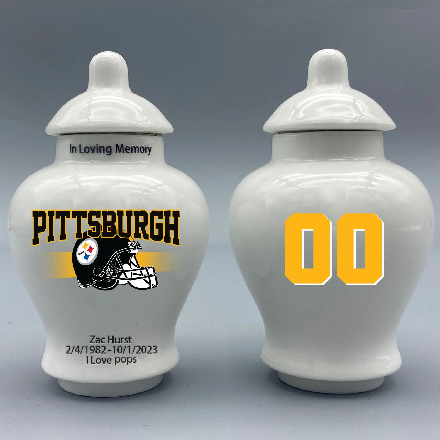 

Mini Urn for Pittsburgh Steelers-themed Logo Urn.Please send me the customization information - name/date and number on the urn