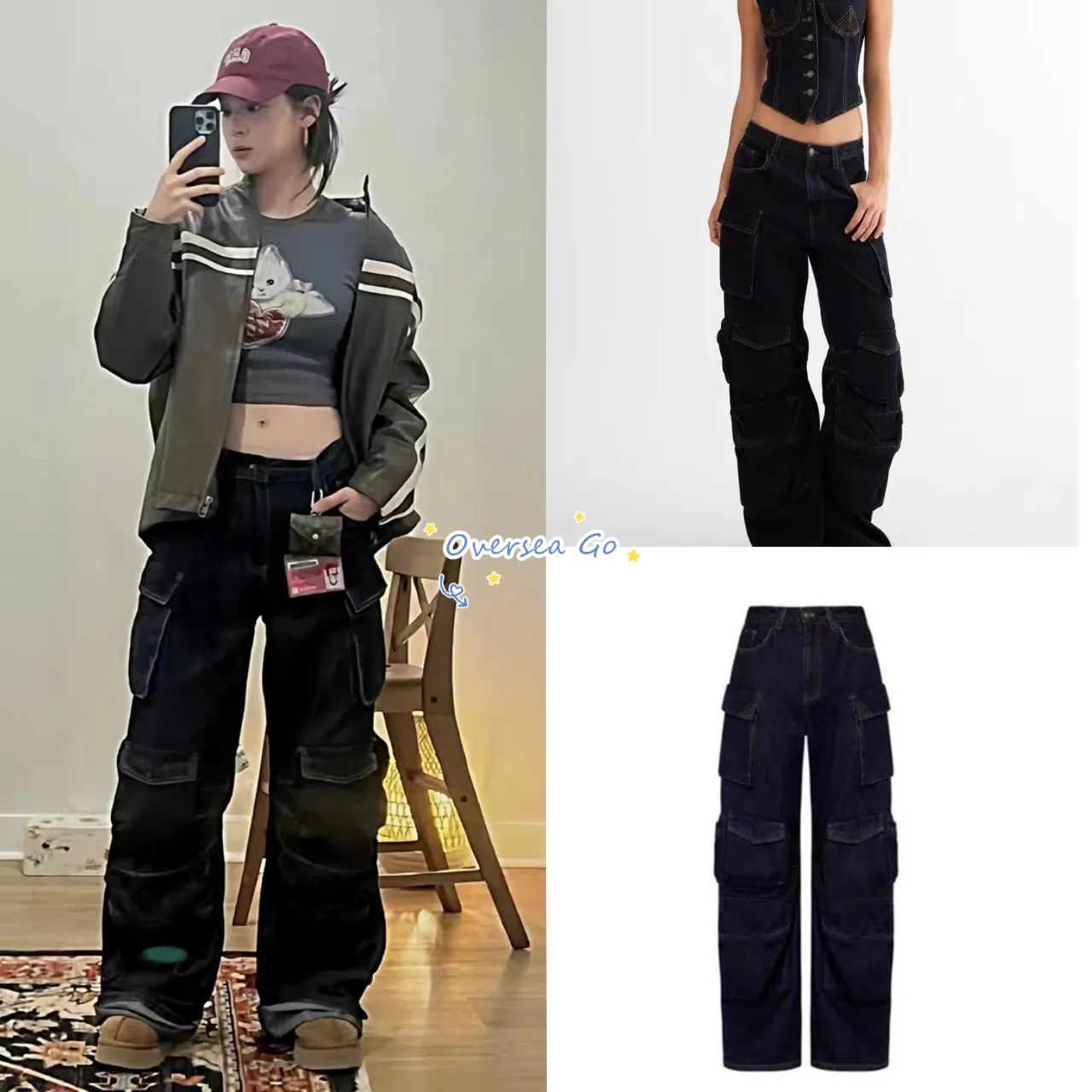 

Lioness American Style Loose Straight Leg Workwear Jeans Multi Pocket Casual Trousers for Women Street Style Pure Color Jeans