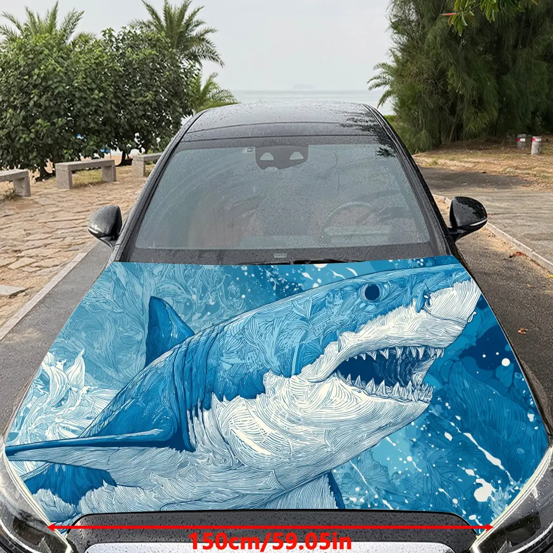Car Decal Great White Shark with Blue Ocean Dynamic Textured Motif in Artistic Marine-Thrilling Style - Bold Aquatic Energetic F