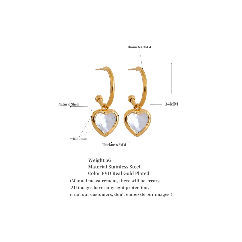 Yhpup Natural Shell Heart Drop Stainless Steel Gold Color Hoop Earrings for Women Romantic Sweet Daily Jewelry Bijoux Femme Gift