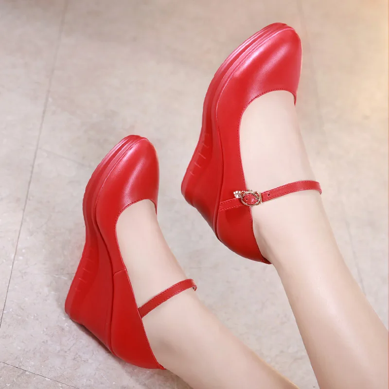 high quality leather shoe for women 7cm wedge high heel platform round toe 32 33 42 43 elegant and fashion shoe white red black