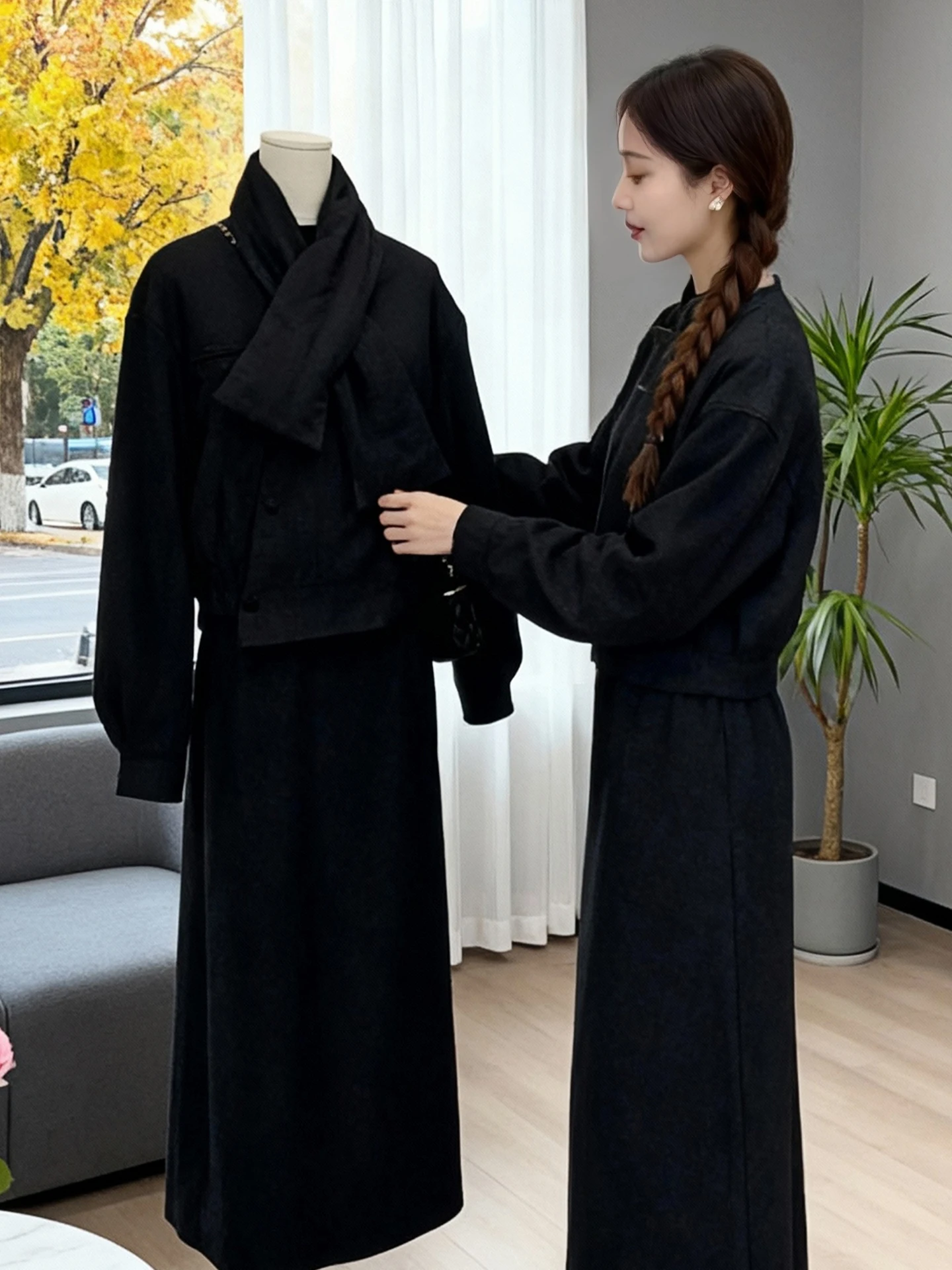 

Fashionable Casual Cotton Coat Scarf Set Women's High Waist Long Skirt Loose Slimming Three Piece Winter Outfit Yood Lovees