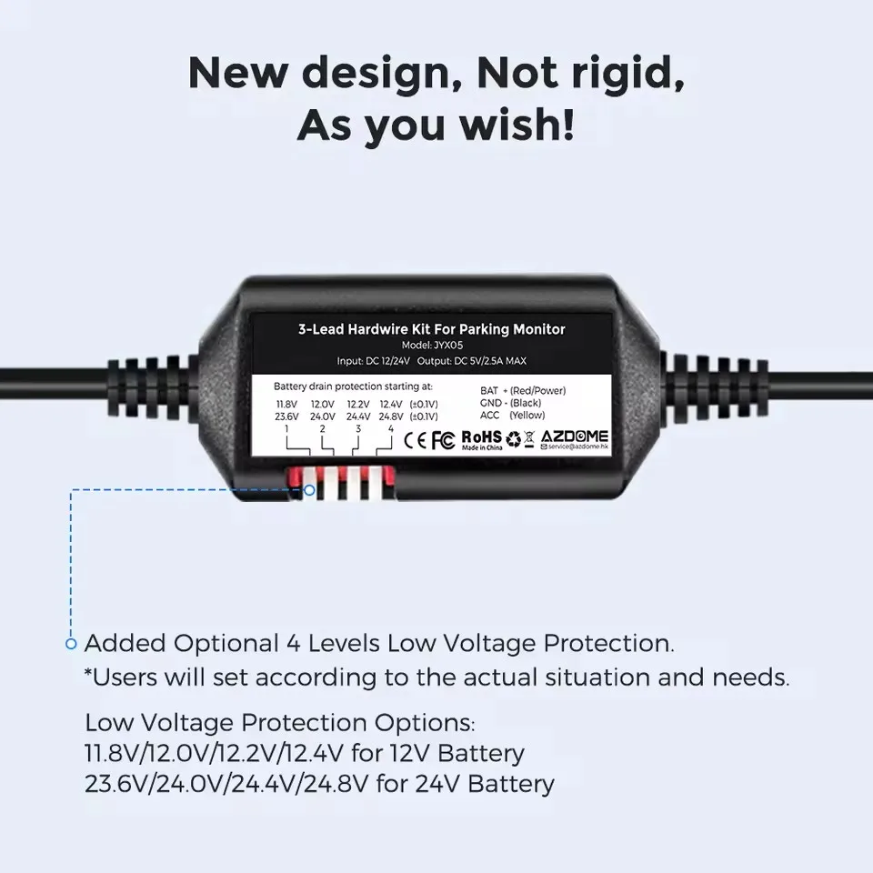 Car DVR Record Hardwire Kit Type-C Port For AZDOME M550 Pro/M550 Max/M300S/GS63Pro/M660 Low Vol Protection 12V-24V in 5V2.5A out