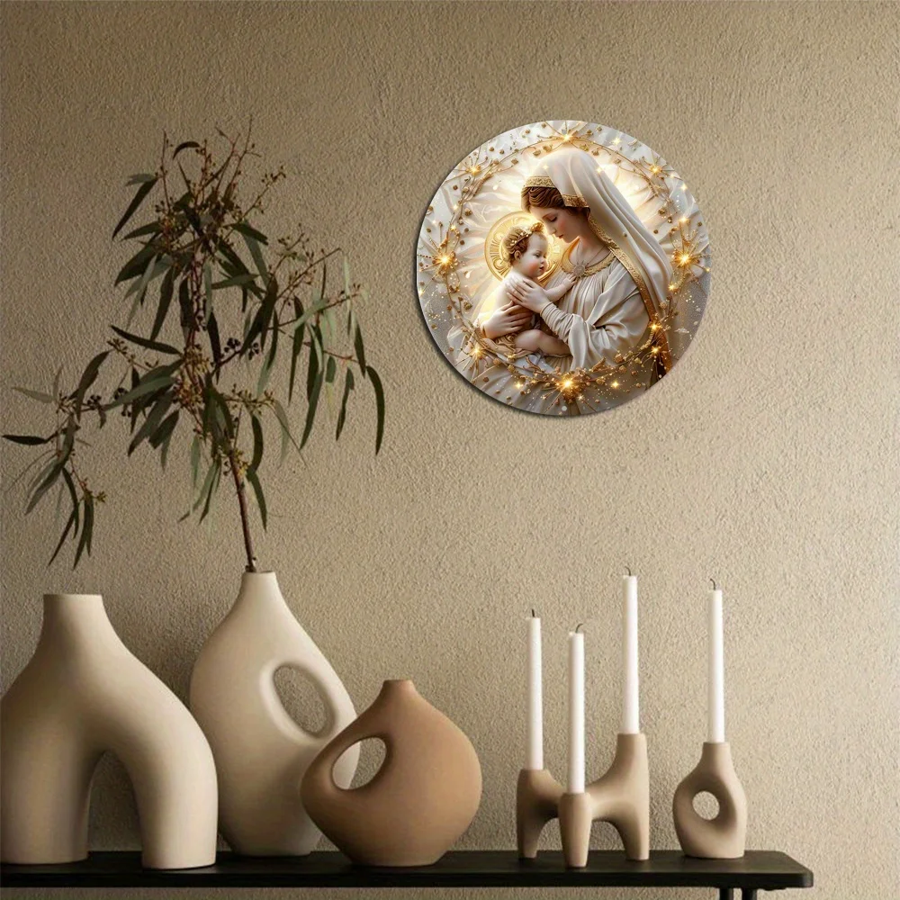 Mary Themed Wreath Sign, Round Religious Aluminum Metal Decor, Home, Bedroom, Cafe, Club, Bar, Farm or Wall Decor