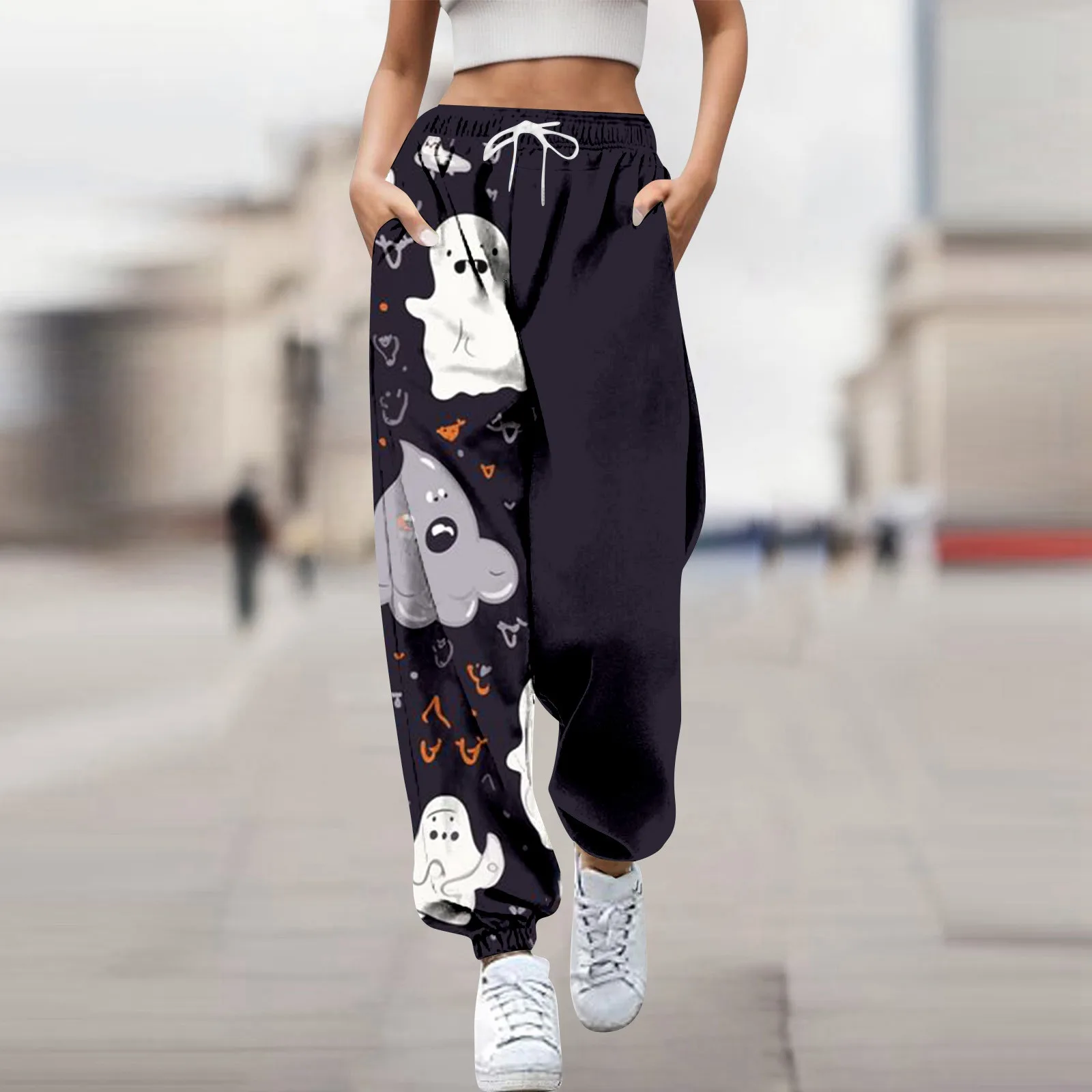 

Drawstring Casual Nine Pants Pumpkin Halloween Print Bottom Sweatpants Pockets High Waist Sporty Gym Athletic Fit Jogger Pants