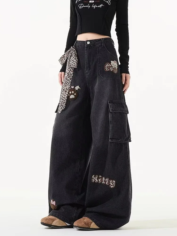 Celana Jeans Cargo Wanita Model Baggy Patchwork Leopard Cyber Y2K 2025, Celana Panjang Katun Hitam Dicuci