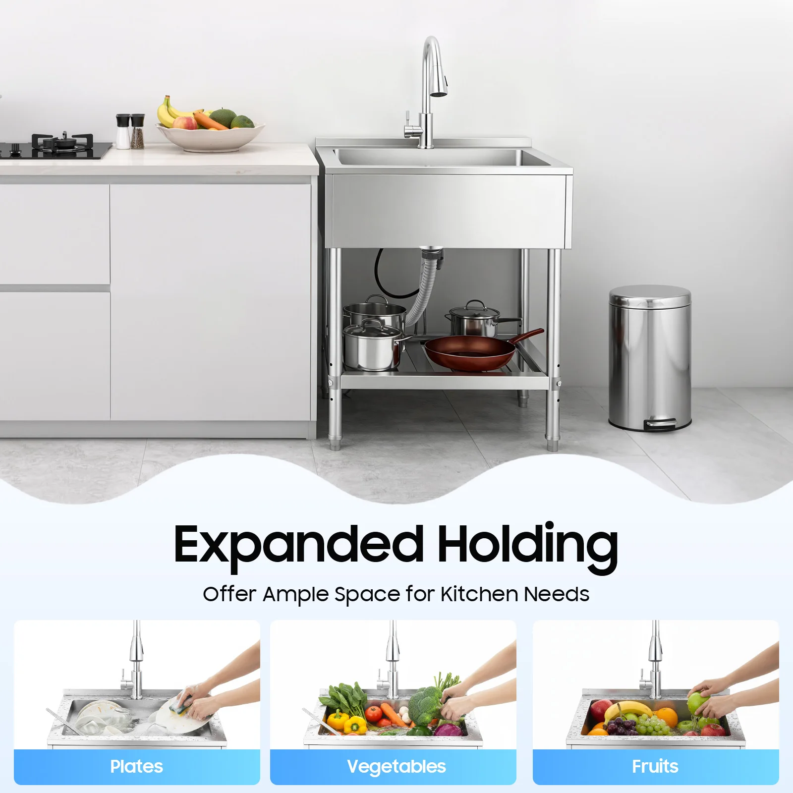 Stainless Steel Laundry Sink Single Bowl Laundry Sink, Commercial Sink, Stainless Steel Laundry Sink with Stand
