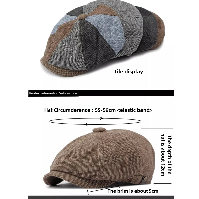2025 New Fashion Men's Twill Wool Newsboy Hats 8 Panel Retro Baker Gatsby Hat UK Classic Patchwork Berets Painter Caps for Women