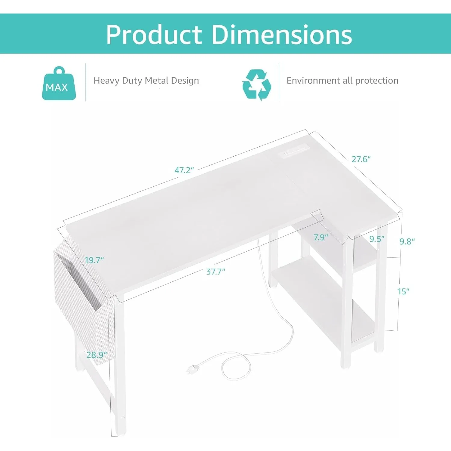 White L-shaped computer desk with power outlet shelf, 47-inch corner desk for home office bedroom