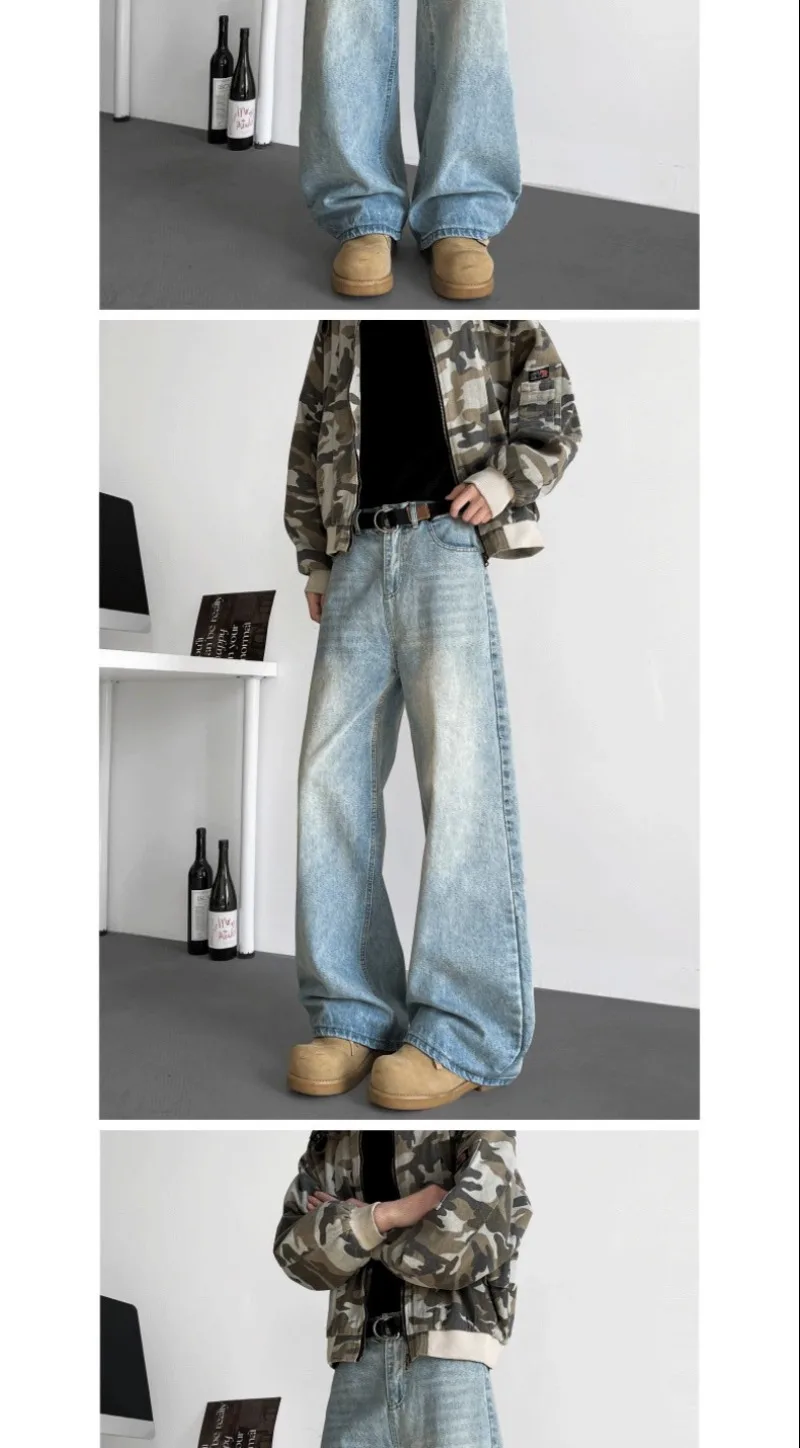 Herren Vintage Gewaschene Weite Jeans mit Hoher Taille, Lose Baggy Denim-Hose, Schwer Fallend, Lässiger Amerikanischer Streetwear-Stil, Lange Freizeithose – Detail 19