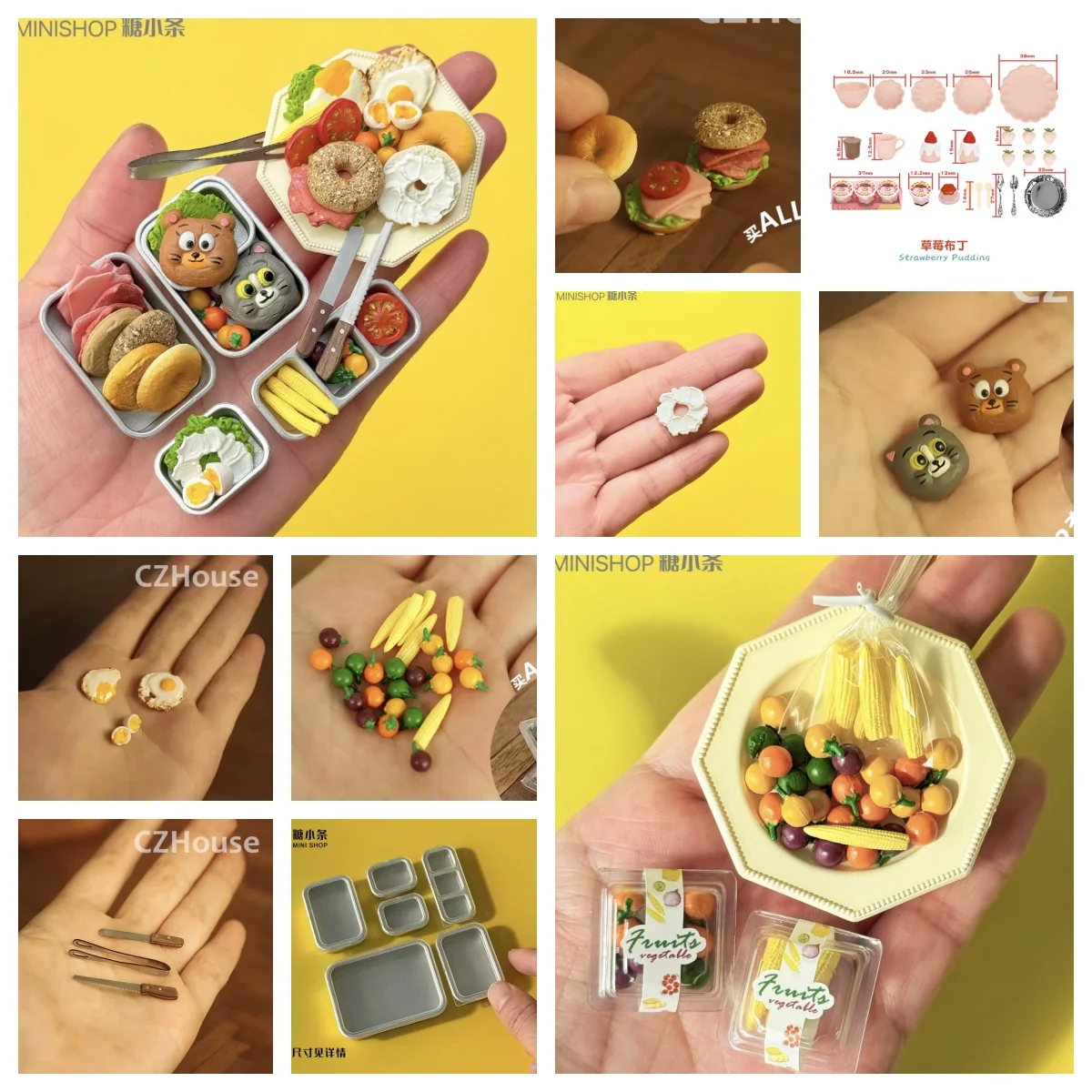 Miniature Food Set: Ham Bagel, Cat & Mouse Fried Egg, Custard Pudding & Colorful Tomato for Blythe Doll Scene Props