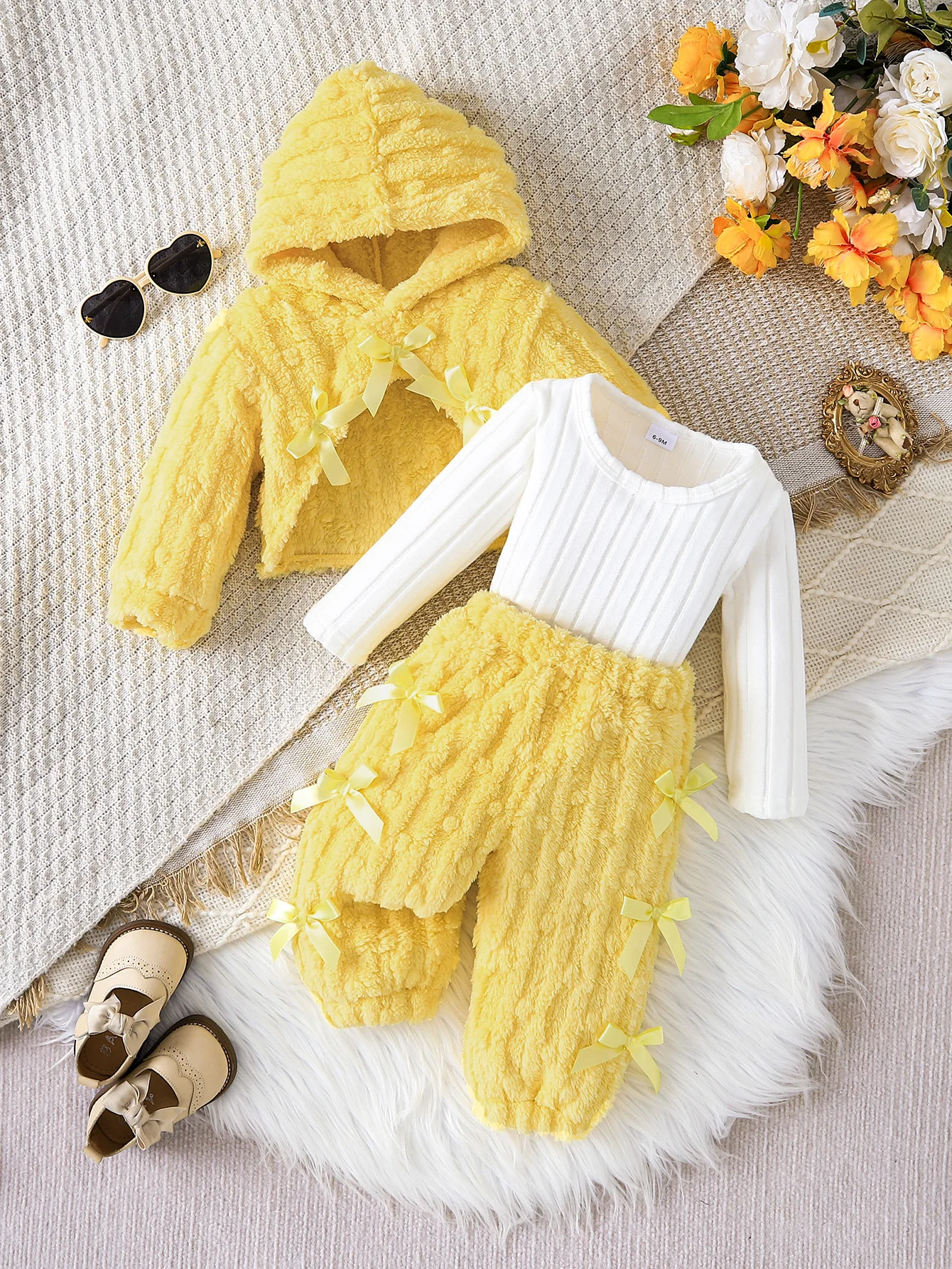 Baby Girl 3Pcs Yellow Fuzzy Outfit 6M-3Y Hooded Bow Coat+Ribbed Bodysuit+Fluffy Pants Warm Fall Winter Toddler Clothes Set