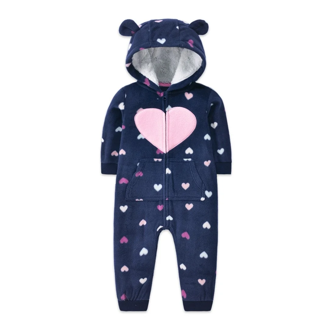 New Born Baby romper 2024 Spring Fall Warm Hooded Floral Cartoon Stripe Fleece Newborn Infant Baby Pajamas Sleepwear Playsuit