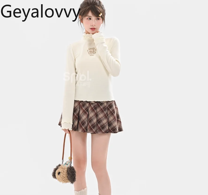 الحلو لطيف نمط بلون المطرزة طويلة الأكمام تي شيرت الخريف الشتاء جديد تنوعا عالية الرقبة قاعدة طبقة القمم للنساء #6