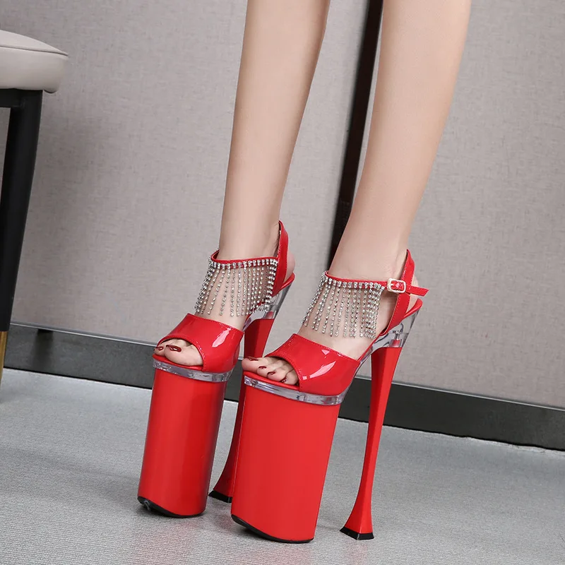 Sandales à plateforme exotiques de 26 cm (10 pouces) à une bride, avec franges et pompons, pour la danse sur barre, chaussures de scène pour femmes
