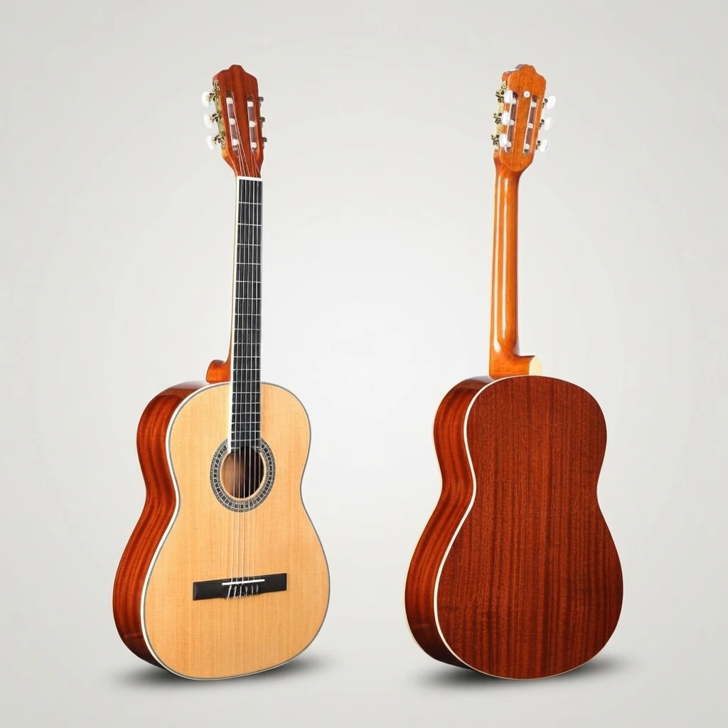 Full Bodied Classical Guitar with Nylon Strings, Natural Top Red Brown Back, Slotted Headstock, White Tuners for Beginners