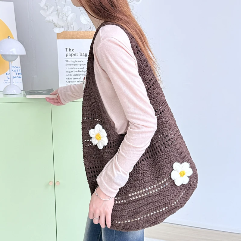 3D-Blumen-Hohlstrick-Umhängetasche, Koreanische Damen-Handtasche in Süßer, Niedlicher Einfarbiger Ausführung, für Pendeln und Freizeitreisen – Detail 20