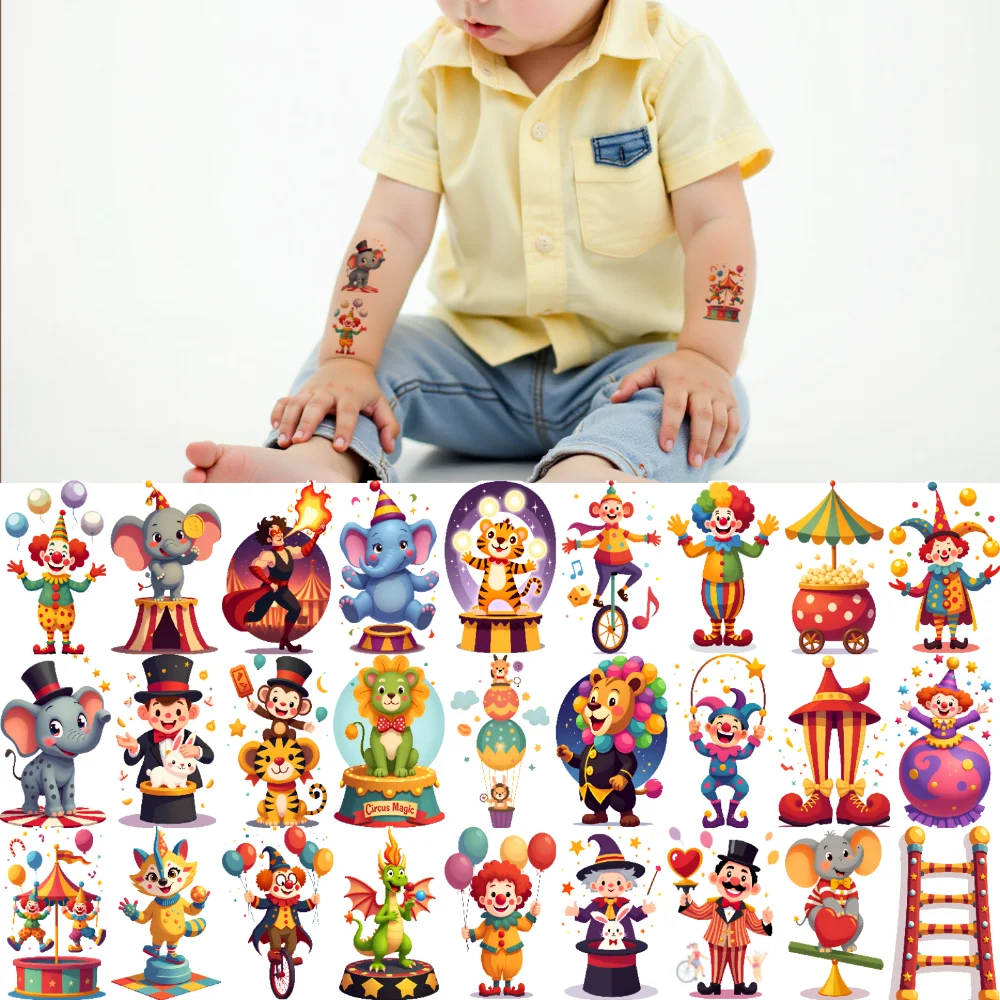 

54pcs Temporary Tattoo Circus Tent Cartoon Circus Clown Waterproof Long-lasting Body Stickers For Women Girls Men