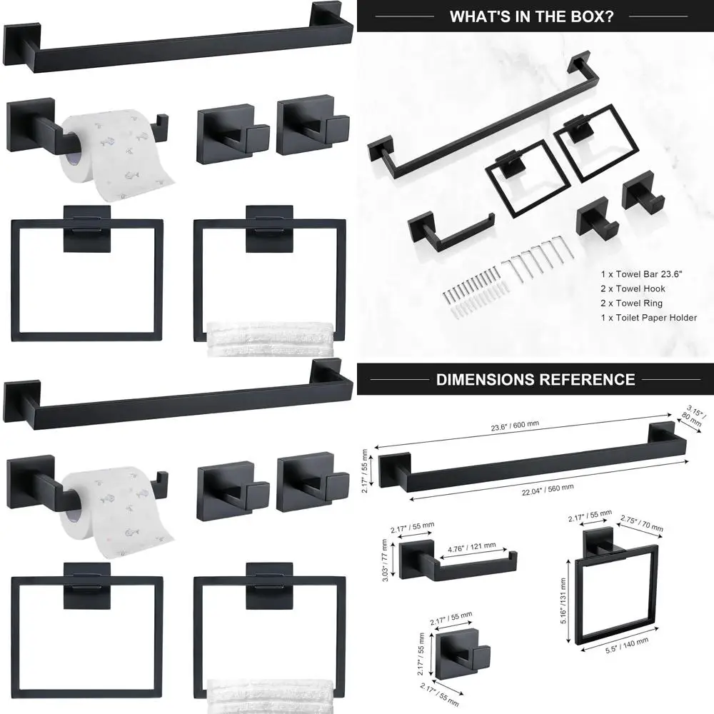 

Матовый черный набор аксессуаров для ванной комнаты из нержавеющей стали из 6 предметов: вешалка для полотенец, кольцо, крючок и держатель для бумаги