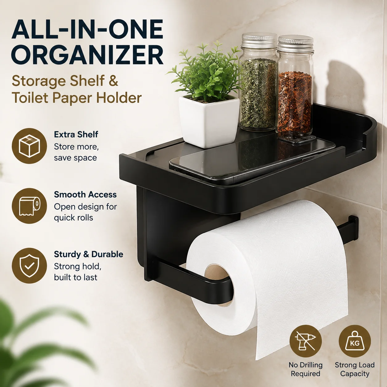 Wall-Mounted Toilet Paper Holder with Storage Shelf, Plastic Multi-Functional Organizer Rack for Kitchen Towel and Spice Bottles