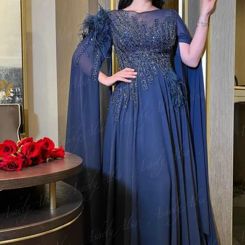 Customized Navy Blue Evening Dresses O-Neck Beaded Feather A Line Chiffon Women Formal Occasion Dress With Puffy Sleeve Prom