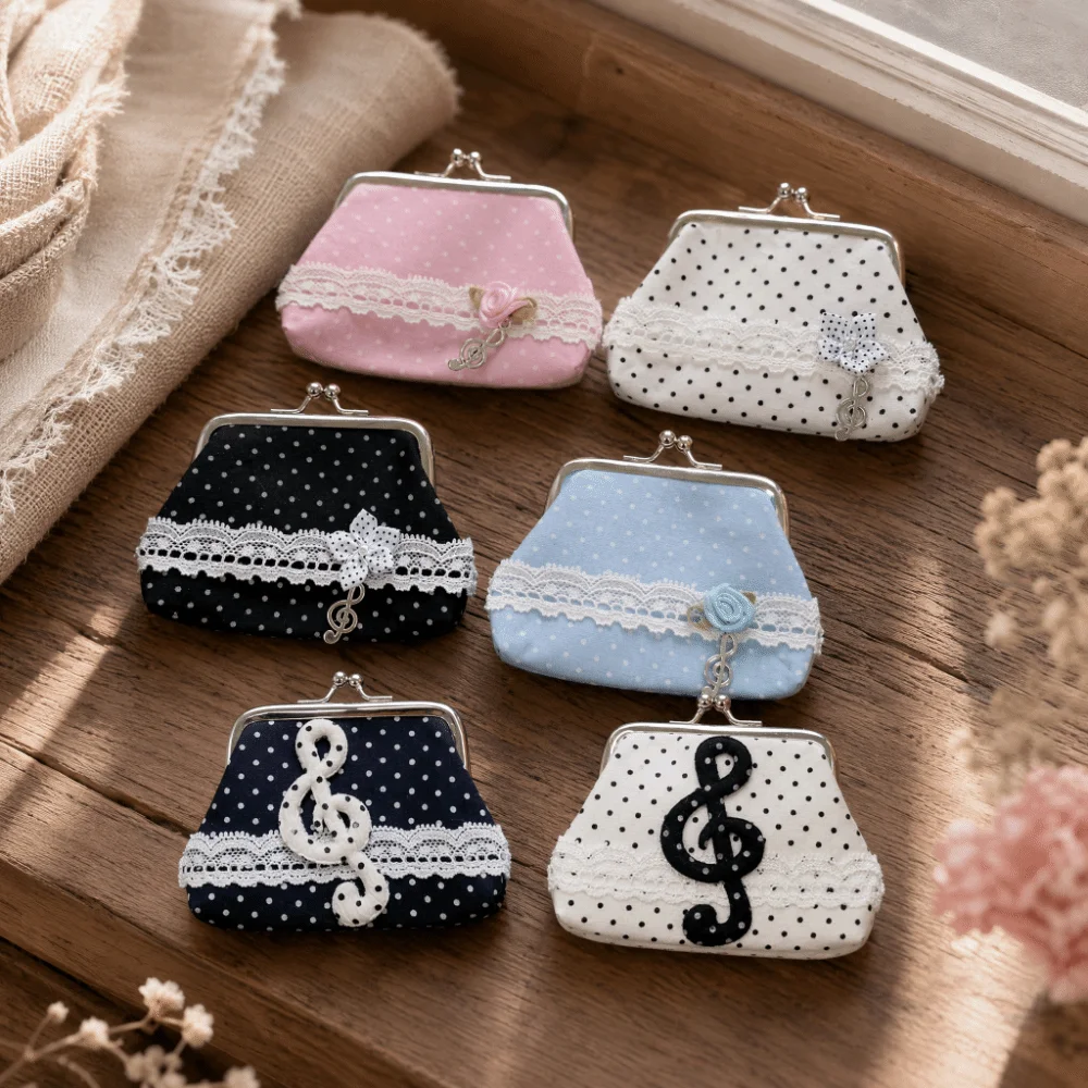 Retro Handmade Lace Polka Dot Coin Purse Rose Pattern Music Note Kiss Lock Wallet Vintage Portable Earphone Bag Lipstick Storage
